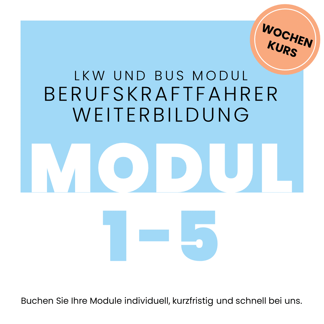 Grafik Berufskraftfahrer-Weiterbildung Module 1–5, Schulung als Wochenkurs.