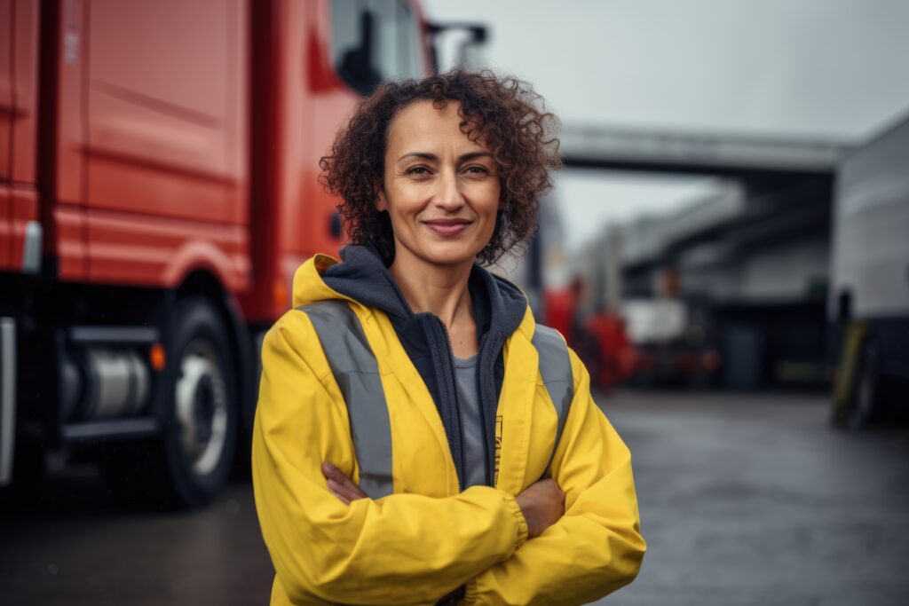 LKW-Fahrerin in gelber Warnjacke steht mit verschränkten Armen vor einem roten Lastwagen.