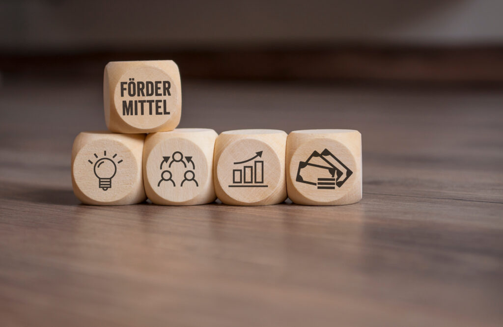 In einer Reihe liegen Holzwürfel mit Symbolen für Förderung, Idee, Zusammenarbeit, Wachstum und Finanzen. Auf den ersten beiden Würfeln liegt ein Würfel mit der Aufschrift „Fördermittel“.